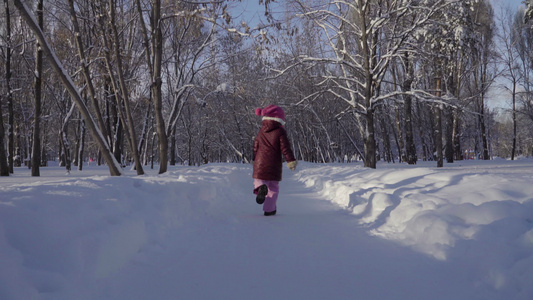 女孩在冬季公园里跑动视频
