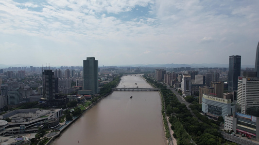 浙江宁波城市建设沿河高楼建筑航拍视频