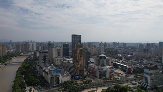 浙江宁波城市建设沿河高楼建筑航拍视频