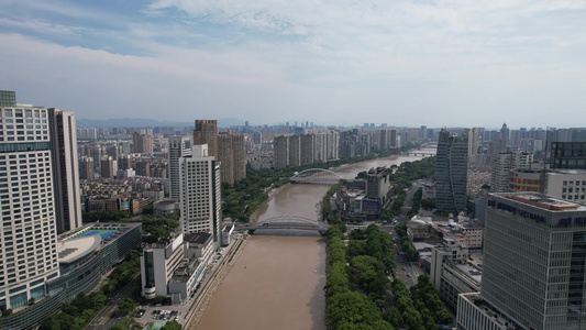 浙江宁波城市建设沿河高楼建筑航拍视频