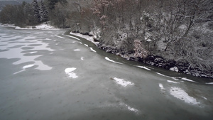 湖面冰冻在雪白的干枯树和树桩中 寒冷的湖面22秒视频