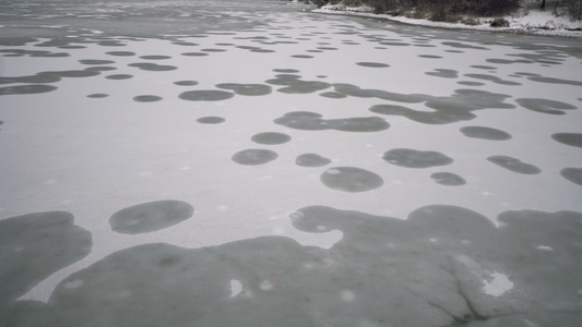 冬季积雪森林和冰冻湖泊的空中观察视频