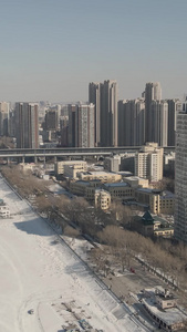  哈尔滨松花江沿岸雪景航拍 视频