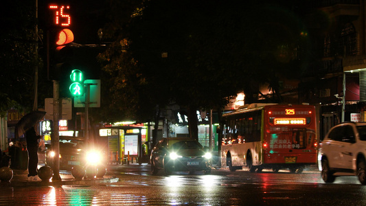 夜景雨水城市车流视频