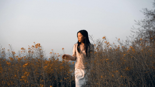 4K美女油菜花里散步（莫迪兰灰色调）视频