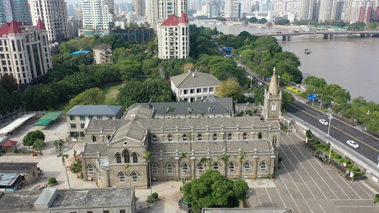 航拍福建福州泛船浦天主教堂哥特式建筑视频