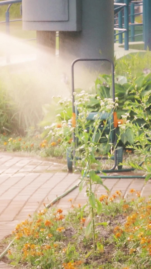 清晨的公园里给花朵植物灌溉浇水13秒视频