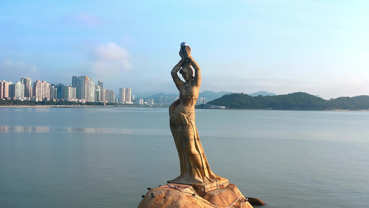 珠海渔女雕像航拍视频