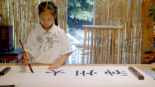 4k实拍学生在凉亭认真练习书法[石椅]视频