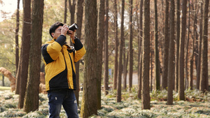 树林里行走的摄影师23秒视频