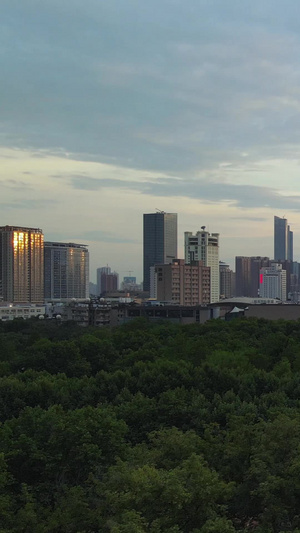 航拍城市风光夕阳晚霞天空落日余晖下的森林公园摩天轮城市风景素材绚丽灯光37秒视频