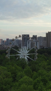 航拍城市风光夕阳晚霞天空落日余晖下的森林公园摩天轮城市风景素材城市建设视频