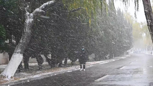 冬天大雪纷飞一个人行走在街道上的慢镜头视频