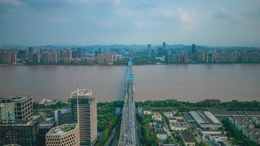 航拍杭州复兴大桥车流延时视频