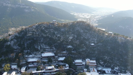 山东济南千佛山冬天雪景航拍视频