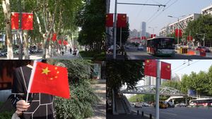 国庆节日气氛街头飘扬的五星红旗4k素材96秒视频