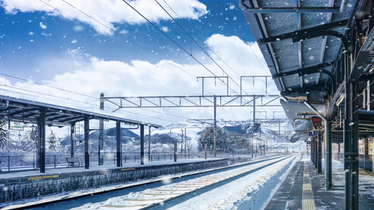 春运回家火车站台下雪雪花背景视频