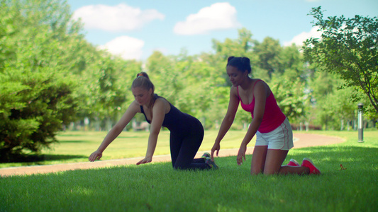 两个女性在公园草坪上做瑜伽视频