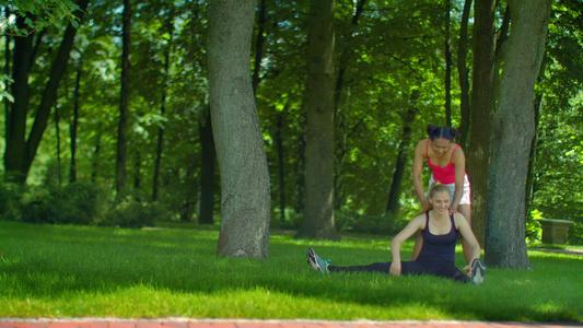 女孩在草地上做瑜伽拉升视频