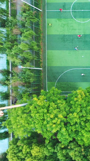 航拍城市风光足球场篮球场上运动的人群全景生活体育素材城市素材64秒视频