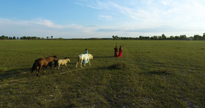 内蒙古牧民牵马4K航拍48秒视频