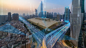 蓝色科技感粒子穿越城市科技连线AE模板24秒视频