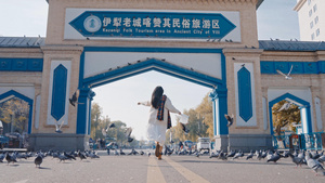 4K伊犁喀赞其民俗旅游区的鸽子与少女15秒视频