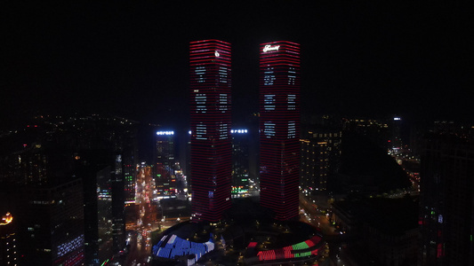 航拍贵州地标建筑贵阳双子塔夜景灯光视频