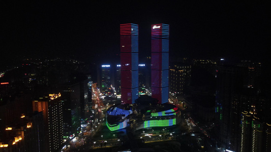 航拍贵州地标建筑贵阳双子塔夜景灯光视频