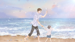 4K父亲节夏日海边游玩亲情动态背景视频40秒视频