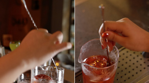 调酒师使用吧勺搅拌酒31秒视频