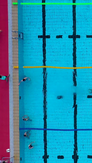 炎热的夏天航拍在游泳池游泳的人们炎炎夏天65秒视频