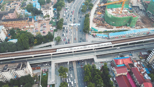 航拍城市立体轻轨轨道交通路口素材视频