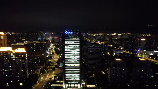 城市夜景霓虹灯高楼夜景航拍视频