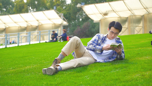 穿格子衫的男生在草地看书视频