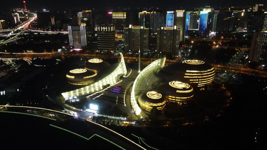 航拍郑州文化艺术中心夜景灯光视频
