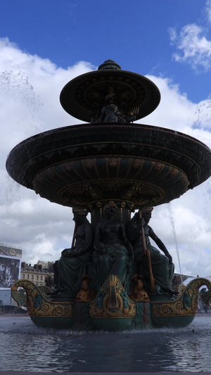 法国巴黎协和广场著名海神喷泉延时视频浪漫之都22秒视频