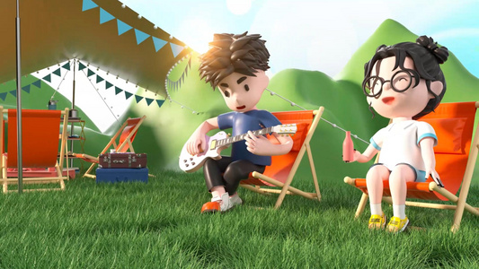 c4d立体卡通情侣草地上弹吉他唱歌露营场景动画视频