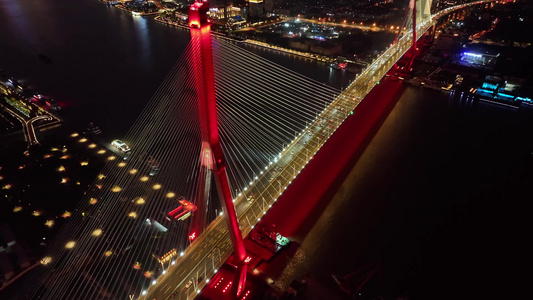 上海杨浦大桥桥梁交通日落夜景4k航拍视频