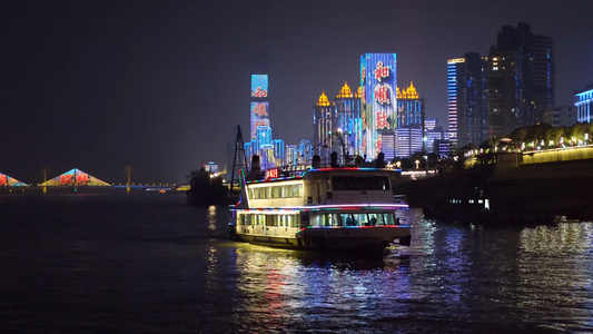 航拍城市夜景灯光秀长江游船4k素材视频