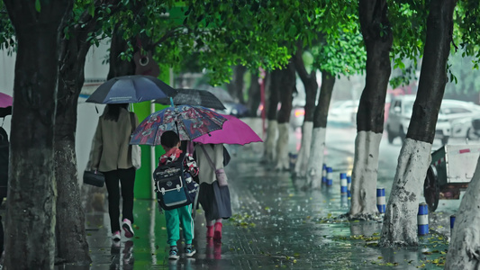 4k下雨雨天小学学生上学放学背影视频