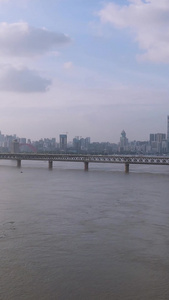 航拍蓝天白云城市长江江景桥梁道路素材城市建设视频