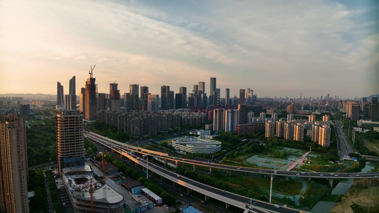 航拍落日余晖下的南京建邺河西中央商务区视频