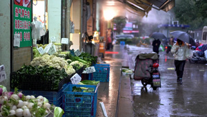 4K实拍下雨天马路边菜市场人群23秒视频