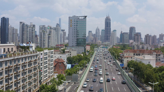 4K上海静安区延安高架路高架桥车流航拍视频