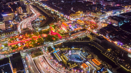 8k航拍延时西安永宁门夜景车流视频