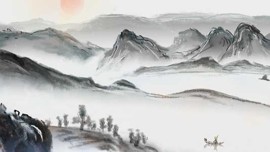 中国风水墨山水画背景模板视频