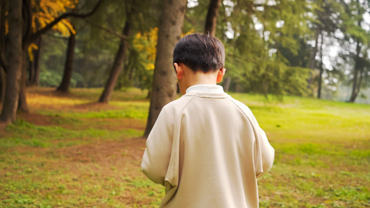 秋季走在公园草地上看书的小男孩背影升格视频视频