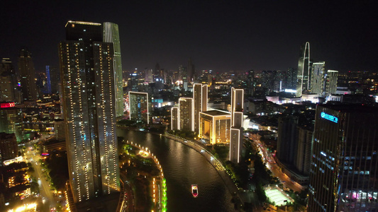 中国天津CBD天津环球金融中心海河两岸夜景灯光航拍 视频