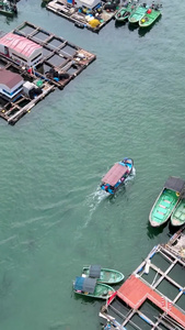 海南陵水疍家鱼排渔民船只穿梭航拍海上渔村视频